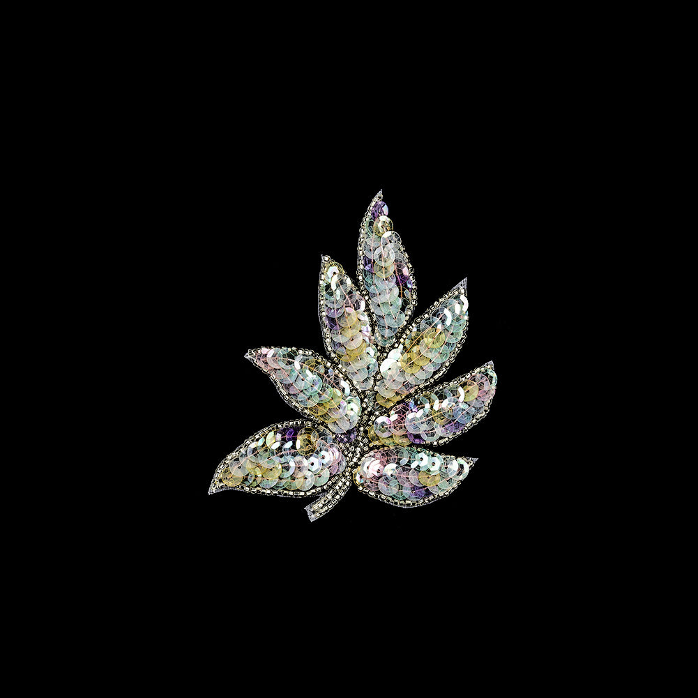 Vintage Crystal Iris Pastel Sequins and Silver-lined Beaded Leaf Applique - 4