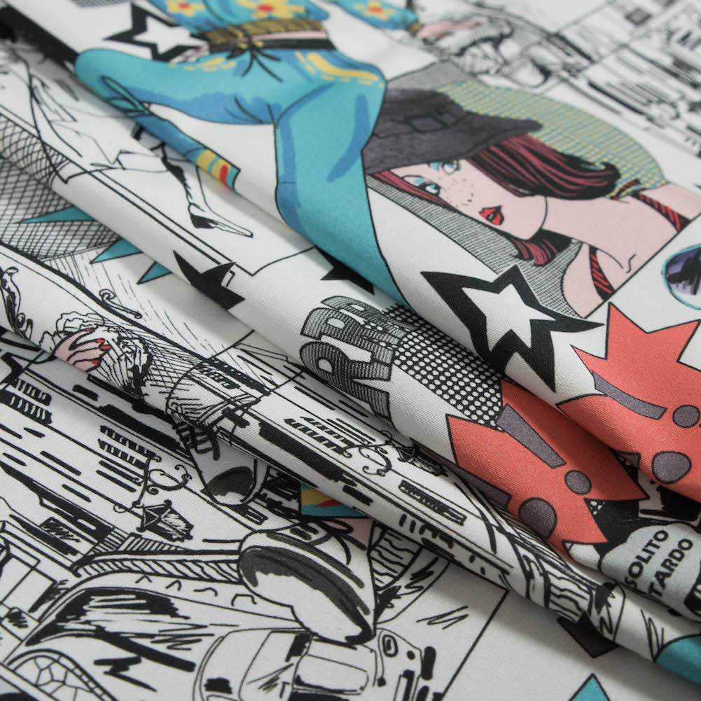 Stretch Cotton Sateen - White Pop Icons - White Fashionably Late Print - Mood Exclusive Comic Collection - Joann Fabrics