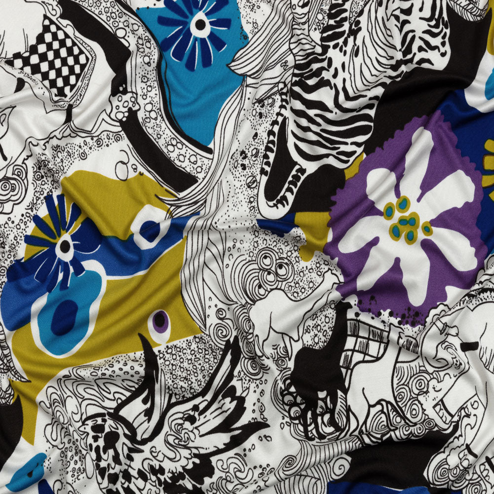 Blue, Golden Olive and Black Flowers and Animal Sketches Silk Jersey - Joann Fabrics