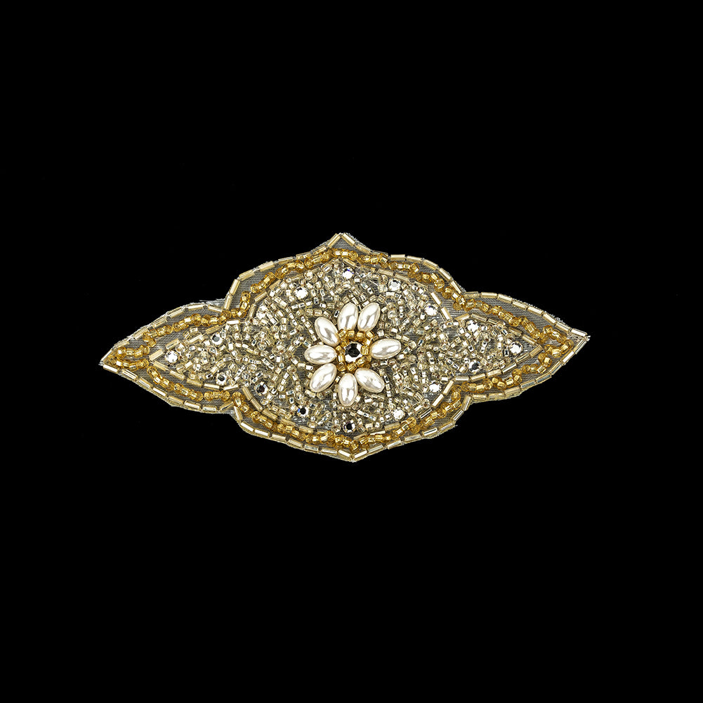 Vintage Gold Beaded and Rhinestone Floral Diamond Shaped Applique - 5.75