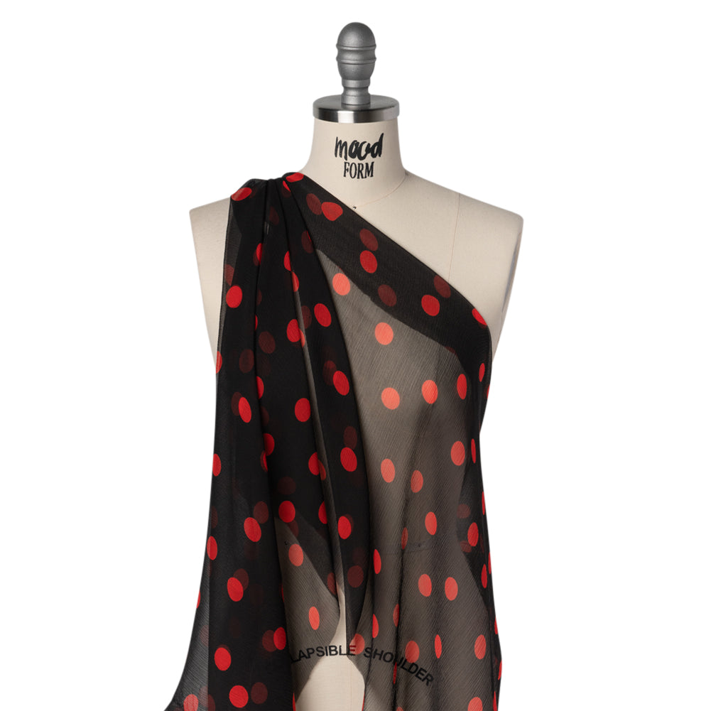 Crinkled Silk Chiffon Print - Black and Red Polka Dots - Deadstock - Joann Fabrics