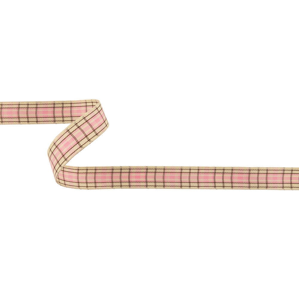 Baby Pink, Brown and Vanilla Ice Plaid Woven Ribbon - 0.625