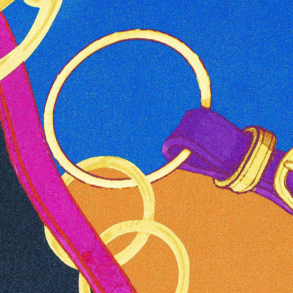 Mood Exclusive Italian Royal Blue, Orange and Gold Chains and Purse Straps Digitally Printed Silk Charmeuse - Joann Fabrics