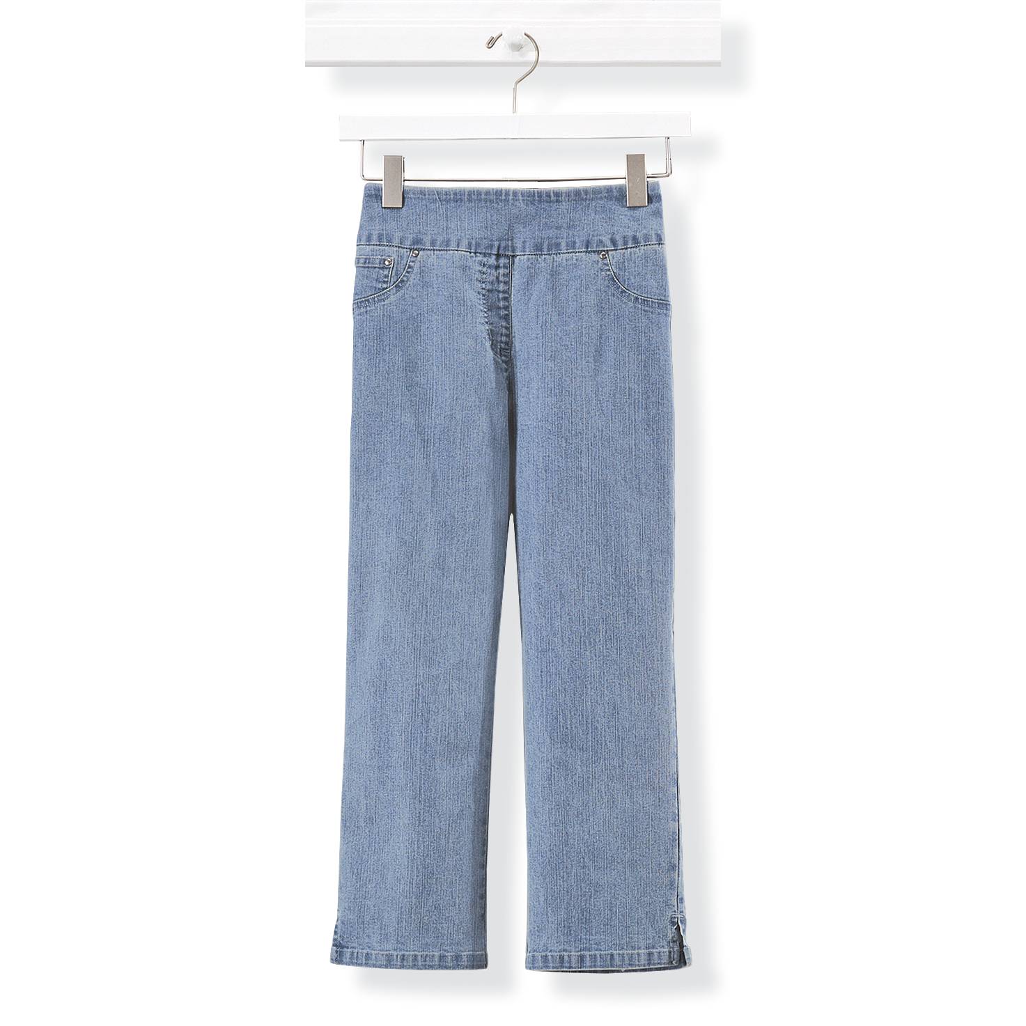Stretch Denim Capri, Wide Waistband, Back Pockets, Slit Hems - Northstyle Catalog