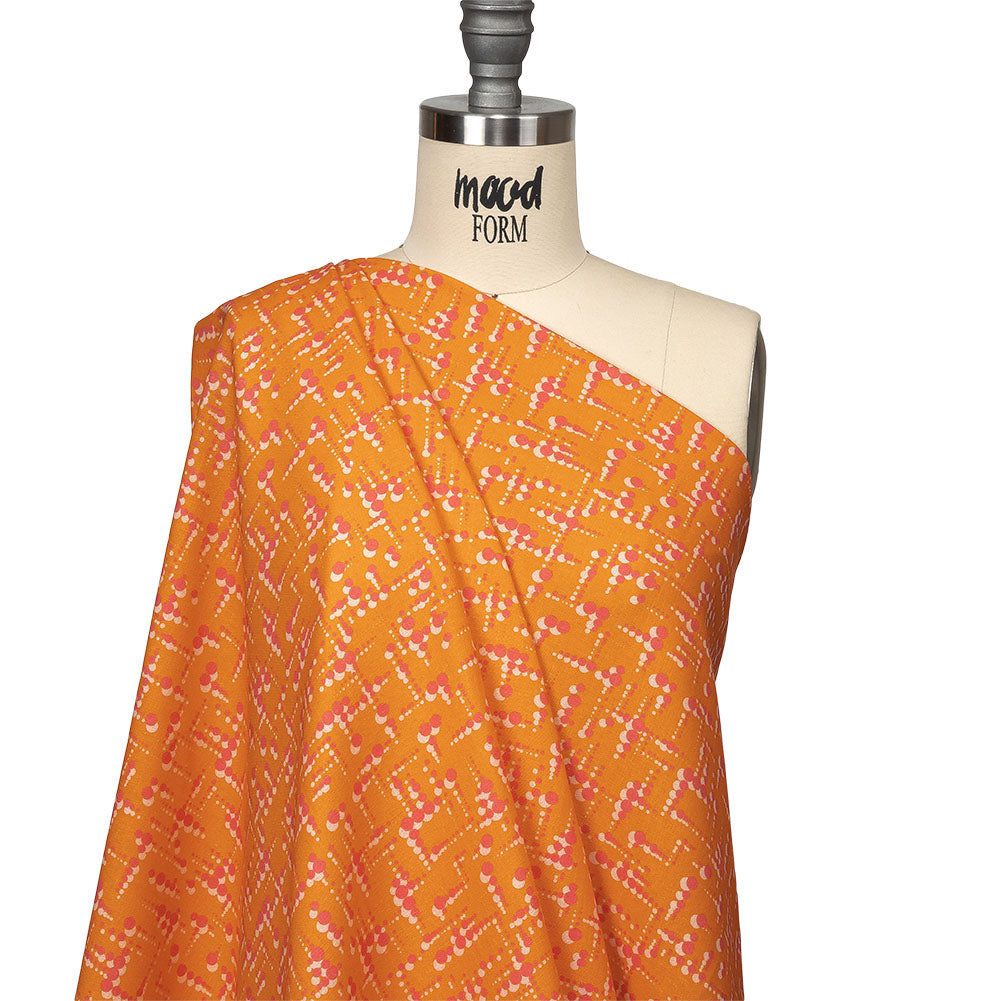 Linen and Rayon Woven - Orange and Pink Dot Lines - Spot of Sunshine Print - Mood Exclusive Citrus Collection - Joann Fabrics