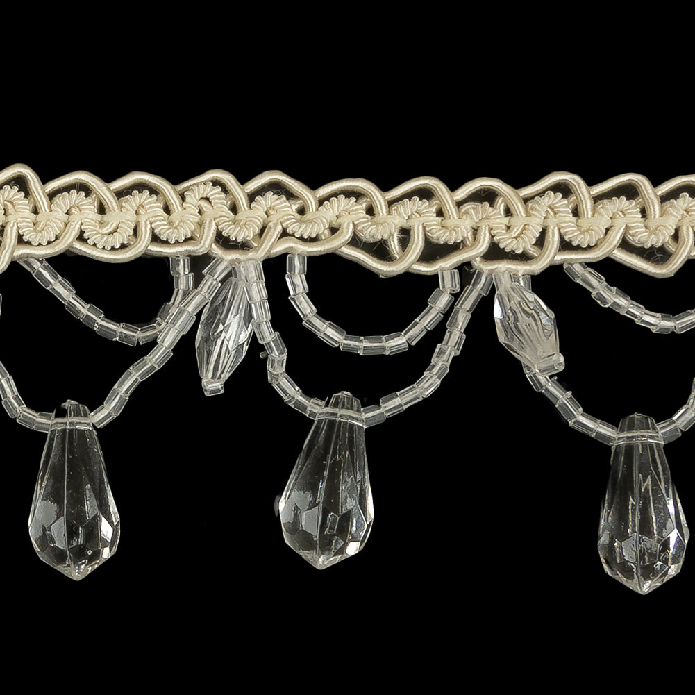 Vintage Crystal Teardrops and Silver Lined Glass Beaded Looped Fringe on Ivory Braid - 1.5