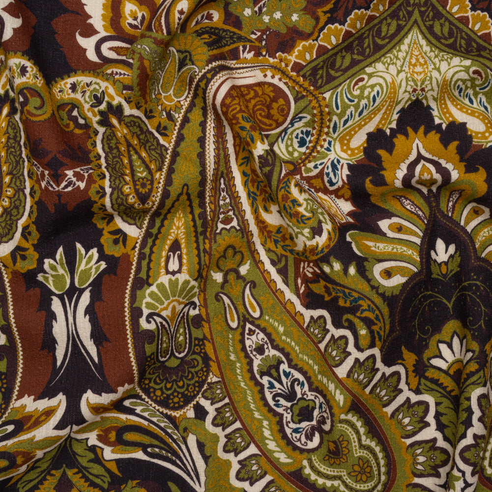 Slubbed Gauzy Cotton Woven - Dark Purple, Kiwi Green and Goldenrod Paisley - Mood Exclusive Woodland Whispers Print - Joann Fabrics