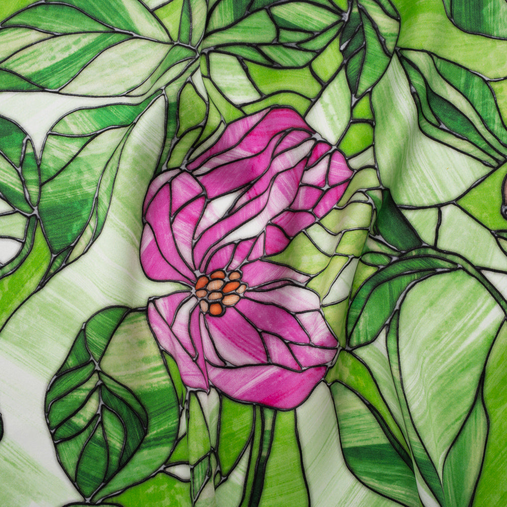 Silk Charmeuse Print 16MM, Made in Italy - Grass Green, Hot Pink and Lavender Stained Glass Flower Garden - Joann Fabrics