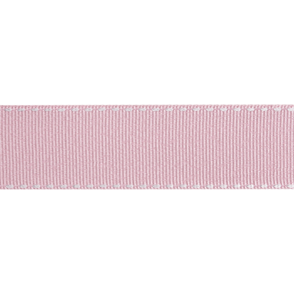 Grosgrain Ribbon with White Stitched Borders - Baby Pink - 1