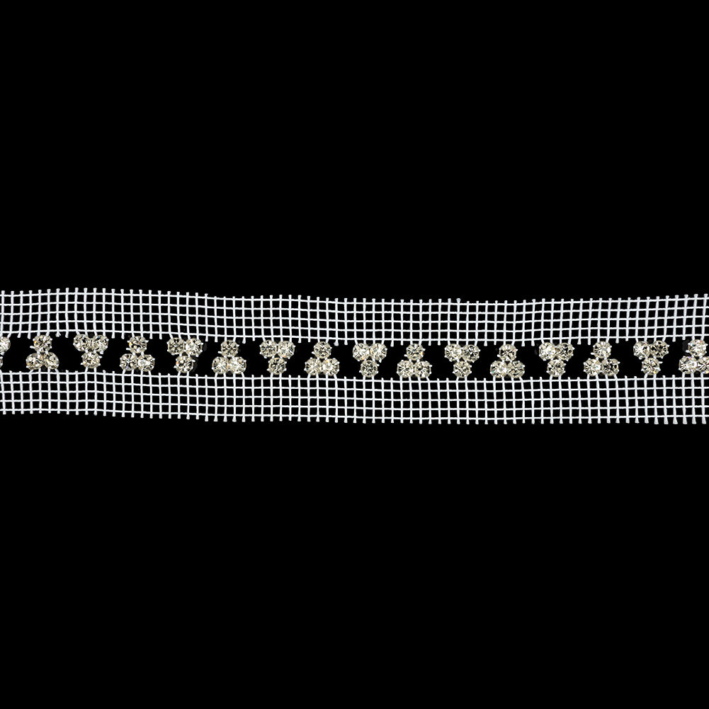 Vintage Crystal and Silver Rhinestone Trio Trimming on White Mesh - 1.375