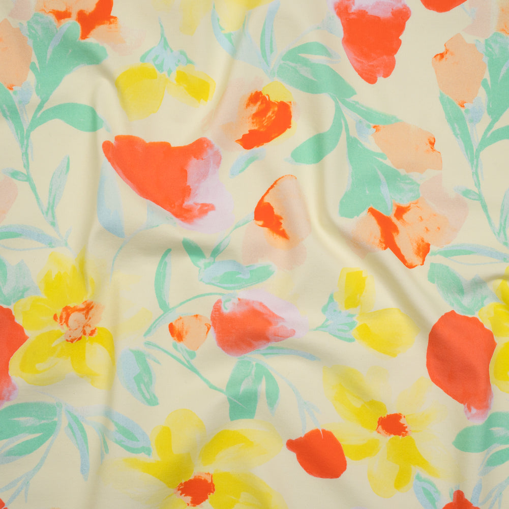 Stretch Nylon Swimwear Tricot - Lemon Yellow, Red Orange and Mint Green Painted Flowers - Designer Deadstock - Joann Fabrics