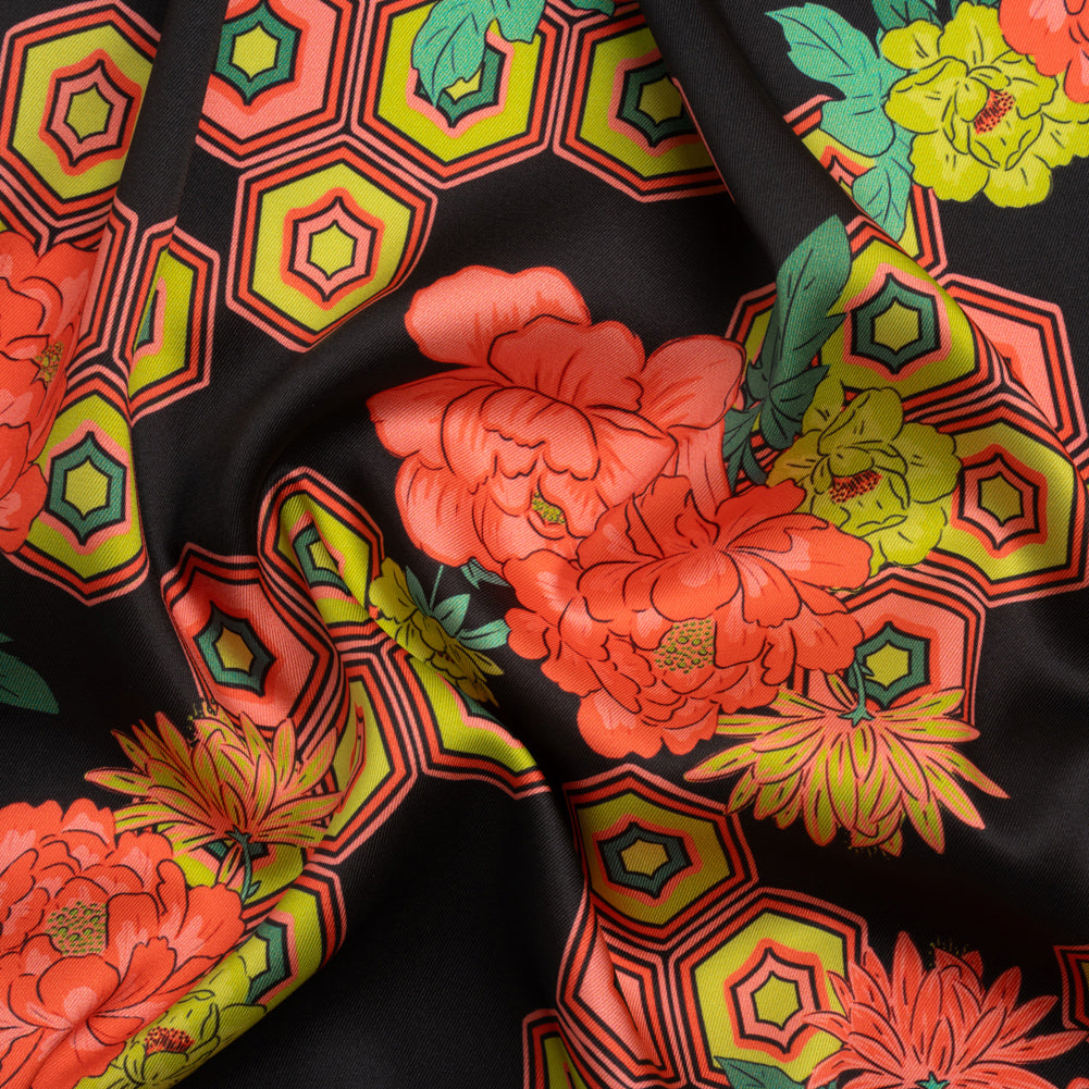 Recycled Polyester Twill Print - Black, Yellow and Coral Honeycomb Floral - Mood Exclusive Rose and Honey - Joann Fabrics