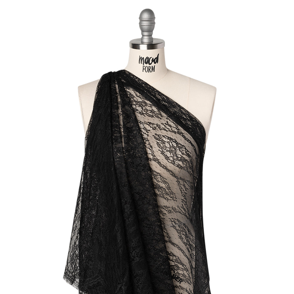Raschel Lace with Finished Edges - Black Floral Lozenges - Deadstock - Joann Fabrics