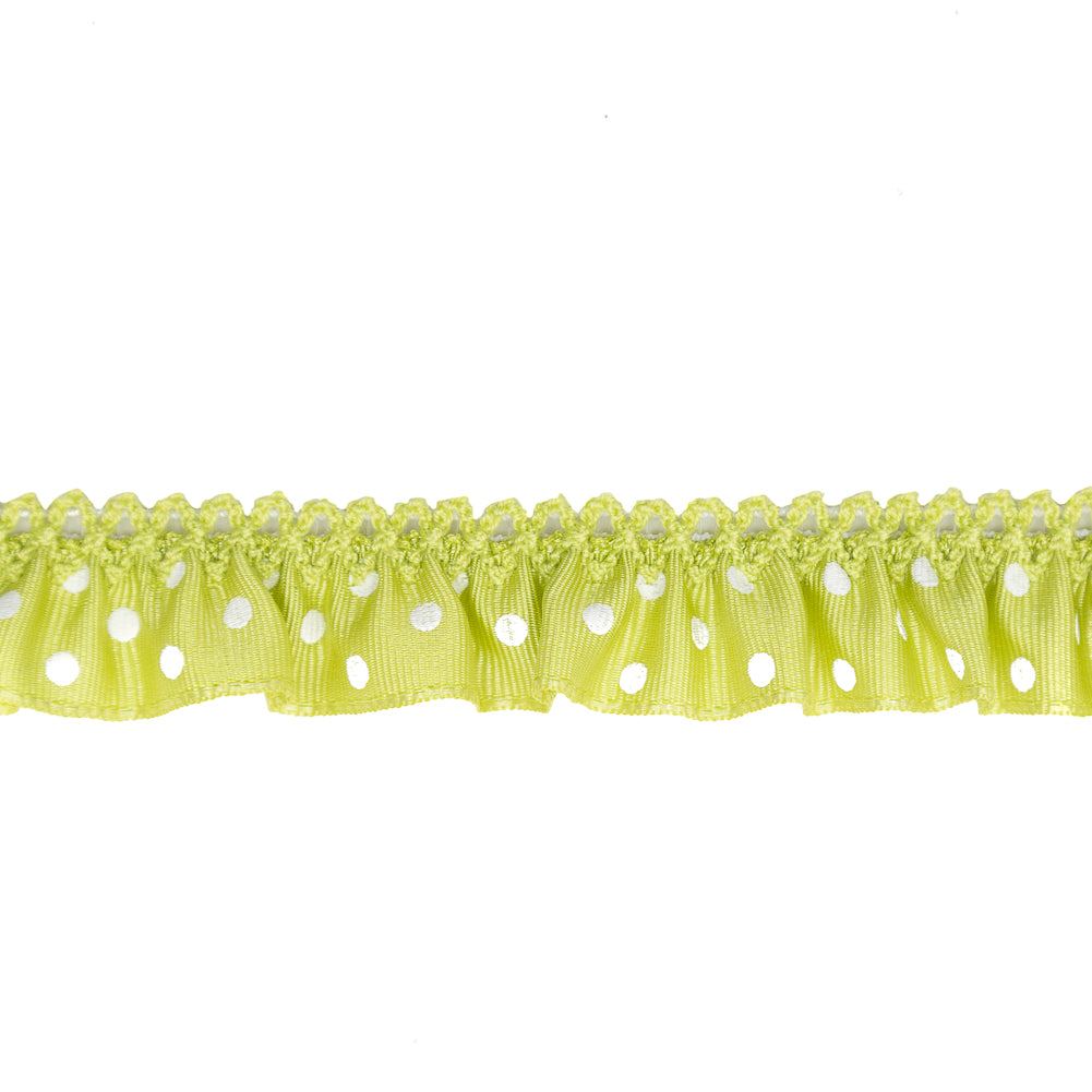 European Green and White Polka Dot Ruffled Stretch Grosgrain .875