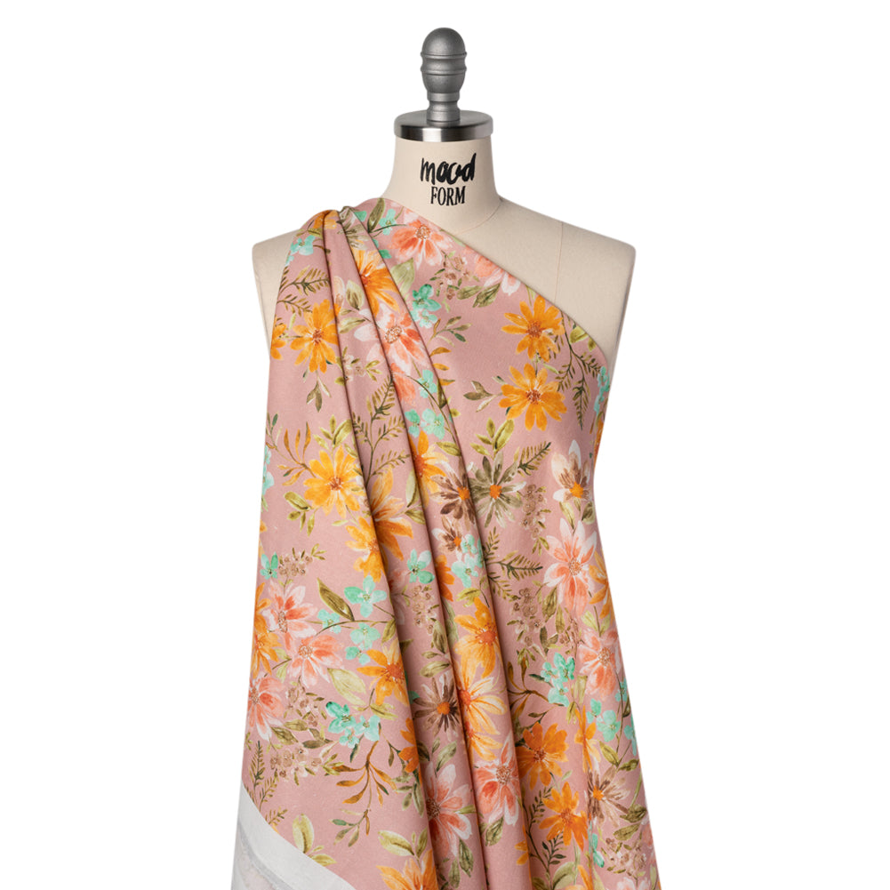 Linen and Rayon Woven - Dusty Pink, Orange and Olive Green Floral - Mood Exclusive First Blush Print - Joann Fabrics