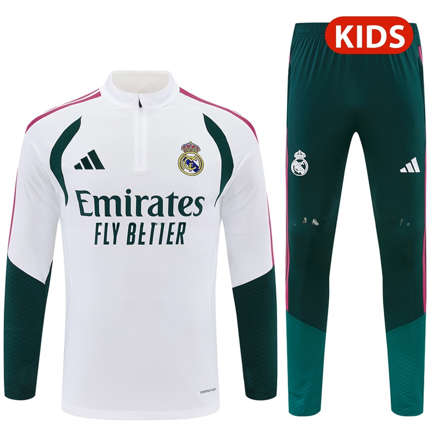 Real Madrid 26-27 Kids Long Sleeve Training Set - White Top & Dark Green Pants - UnitedFutballJersey