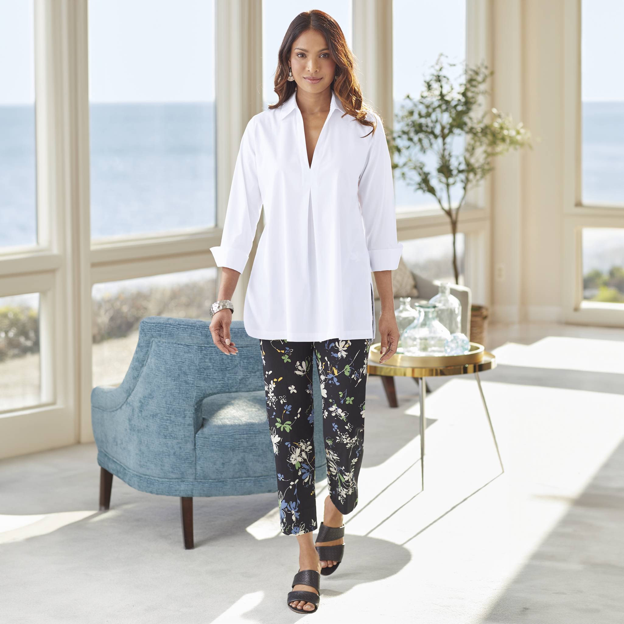 Scattered Floral Ankle Pant, Tummy Control, Wide Waistband, Pull-On - Northstyle Catalog