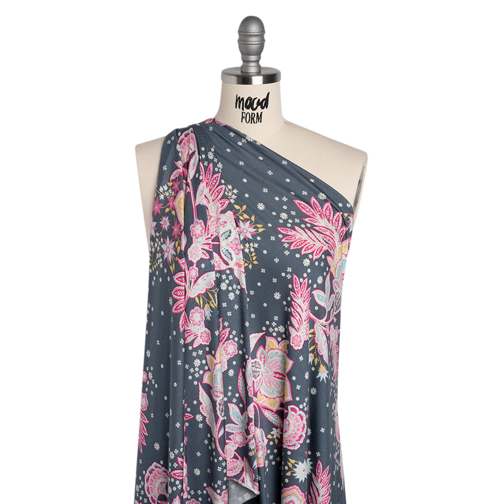 Stretch Rayon Jersey - Blue Gray, Pink and Yellow Floral - Deadstock - Joann Fabrics