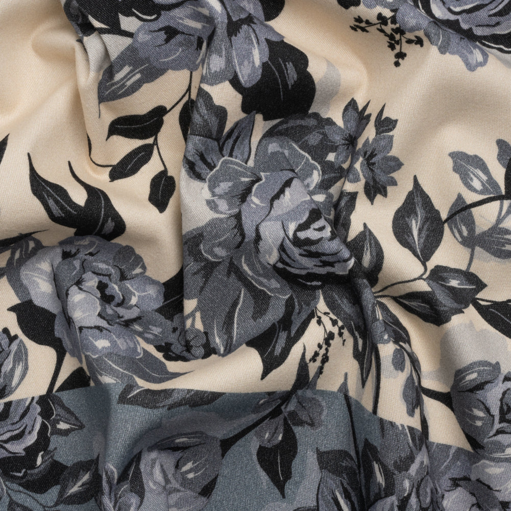 Brushed Stretch Cotton Twill Panel - Blue and Cream Roses - Mood Exclusive Space for Grace - Joann Fabrics
