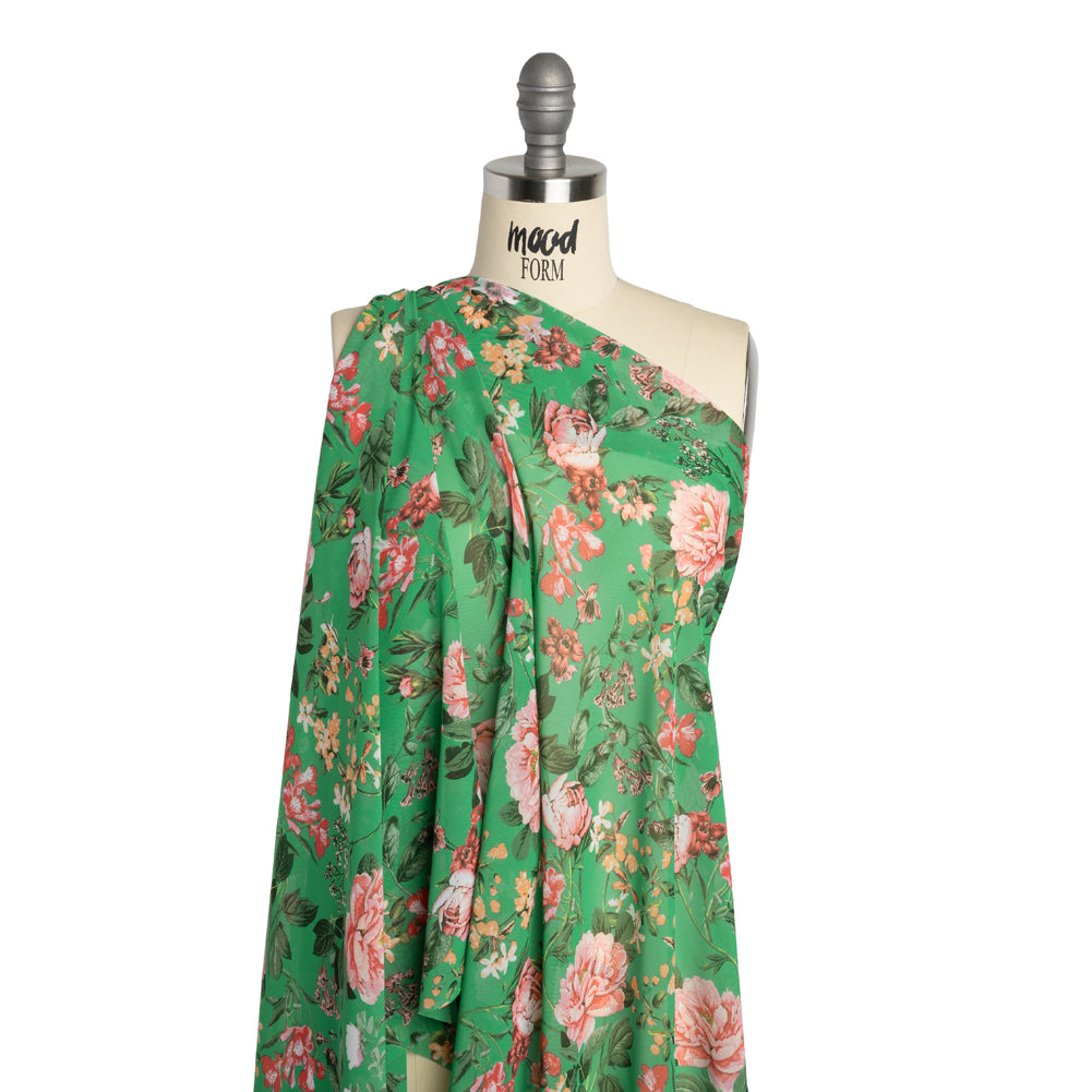Polyester Chiffon - Kelly Green and Pink Floral - Designer Deadstock - Joann Fabrics