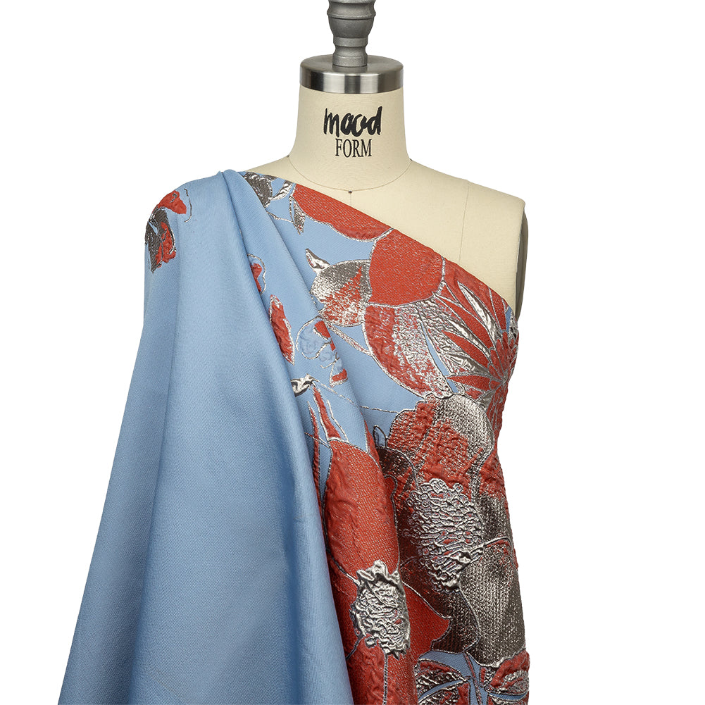 Metallic Silver, Coral and Blue Floral Luxury Brocade - Joann Fabrics
