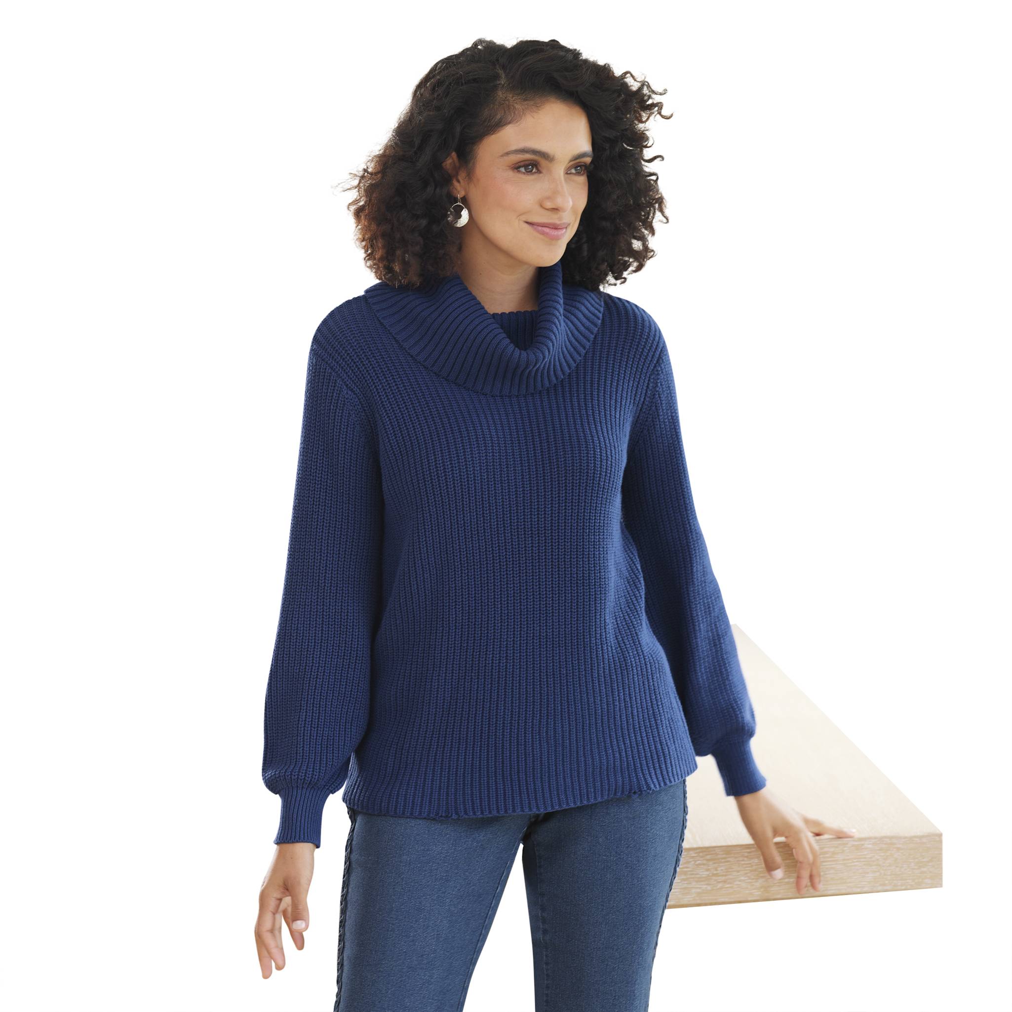 Shaker Stitch Cotton Cowlneck Pullover Sweater, Long Blouson Sleeves - Northstyle Catalog