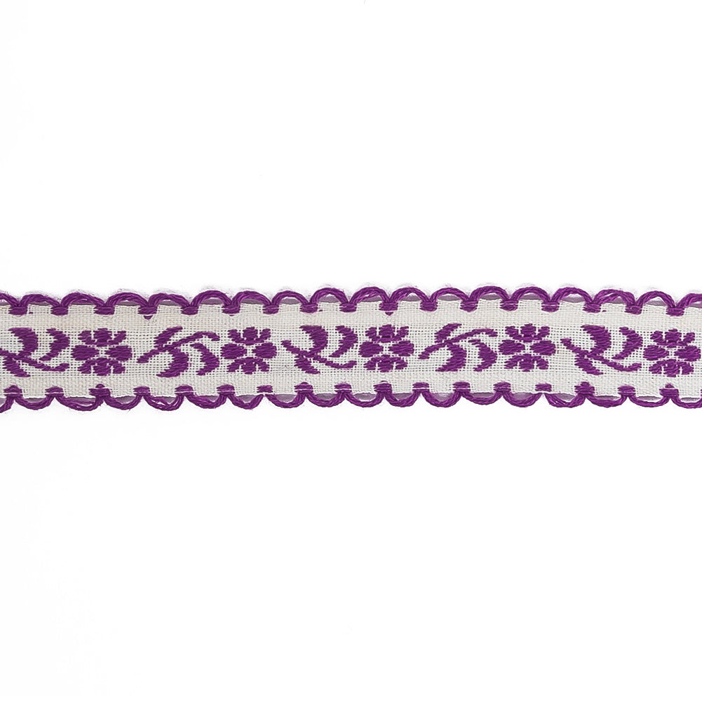 Dewberry and Off-White Floral German Jacquard Cotton Ribbon - 0.625