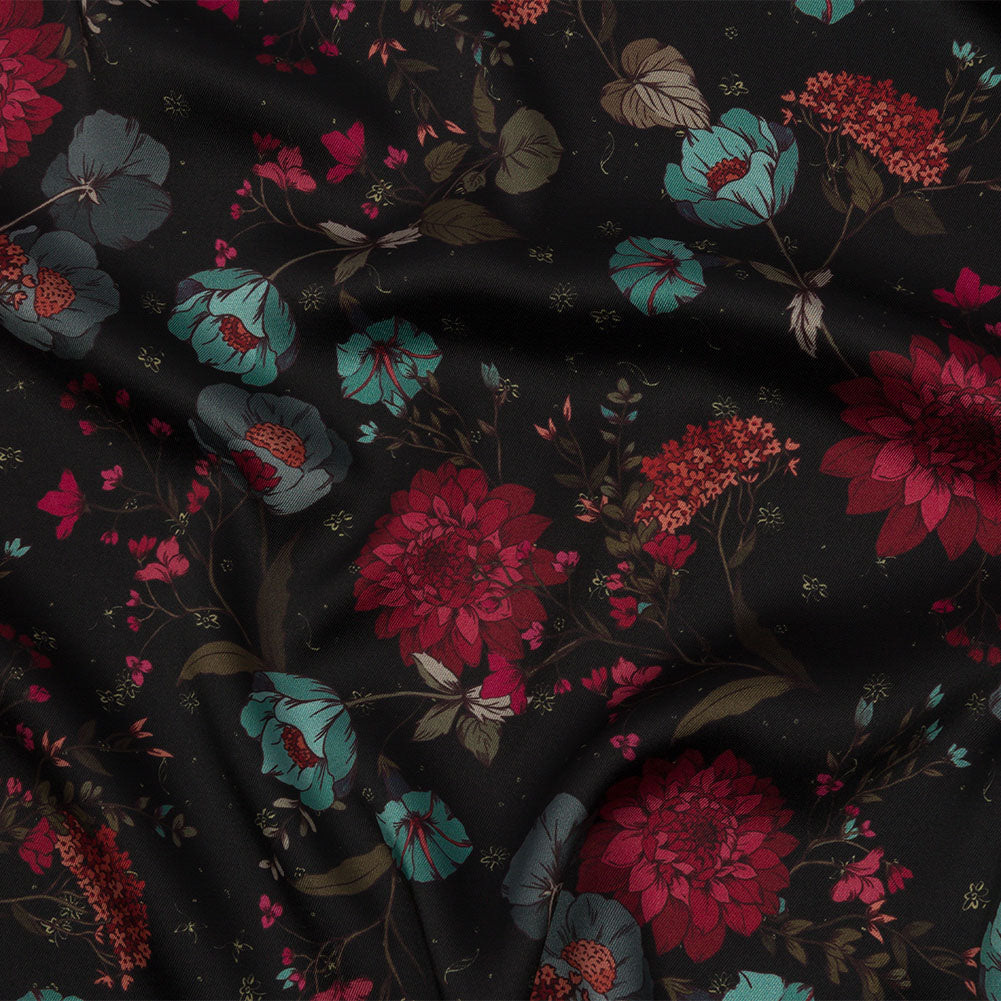 Polyester Twill Print - Blue, Red and Black Floral - Mood Exclusive Antheia's Grace - Joann Fabrics
