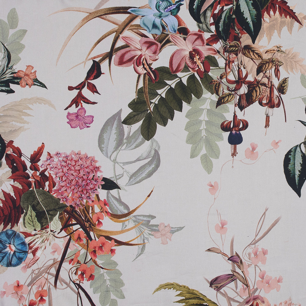 Mood Exclusive Ile des Orchidees Olive and Red Stretch Cotton Sateen - Joann Fabrics