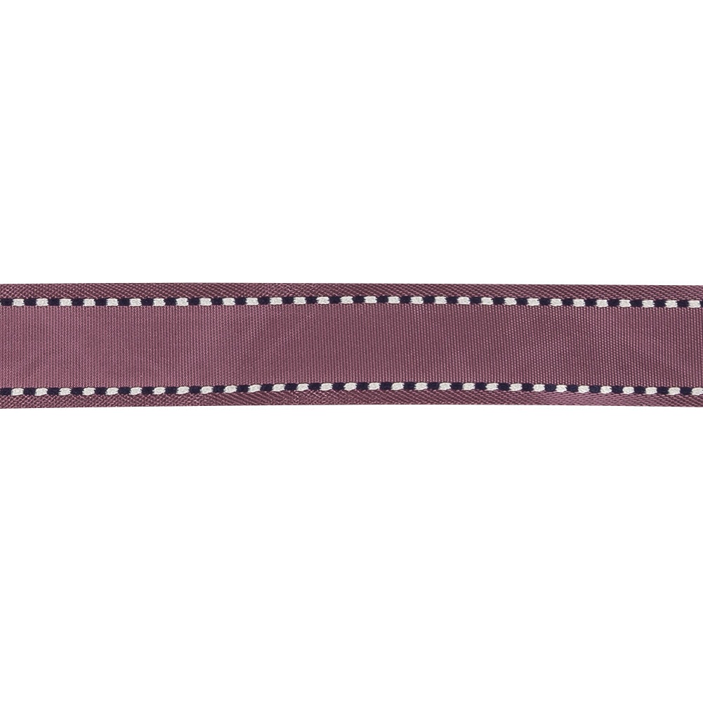 Purple Woven Ribbon with Navy and White Stitched Border - 0.625