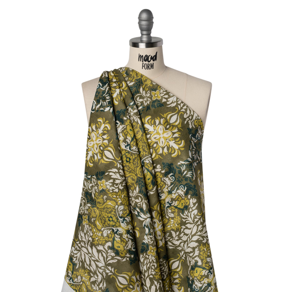 Linen and Rayon Woven - Olive, Lime Green and Cream Floral Diamonds - Mood Exclusive Fleur Filigree Print - Joann Fabrics