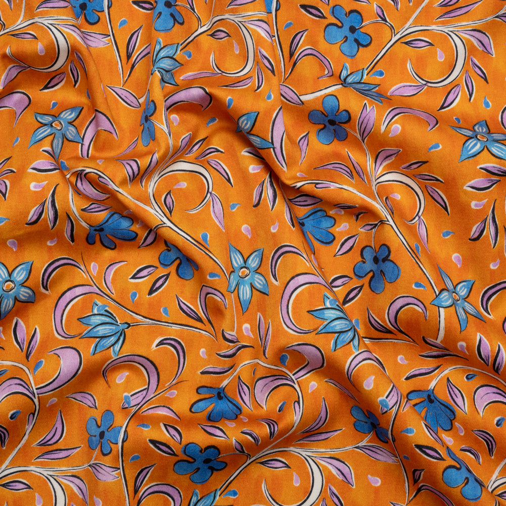 Stretch Cotton Sateen - Orange and Blue Floral - Apollo's Laurel Print - Mood Exclusive Chariot Collection - Joann Fabrics