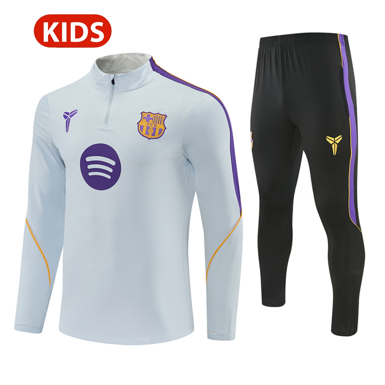 Barcelona 26-27 Kids Long Sleeves Training Set - Light Grey Top & Black Pants - UnitedFutballJersey