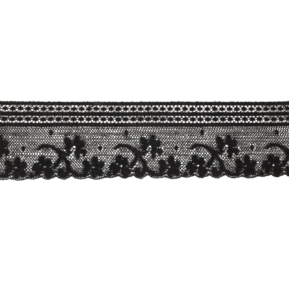 Black Floral and Geometric Cotton Lace Trim - 2.25