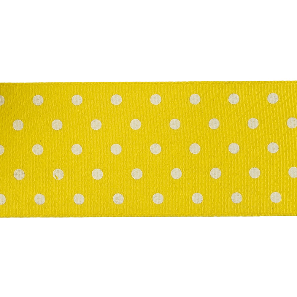 Blazing Yellow and White Polka Dots Grosgrain Ribbon - 1.625