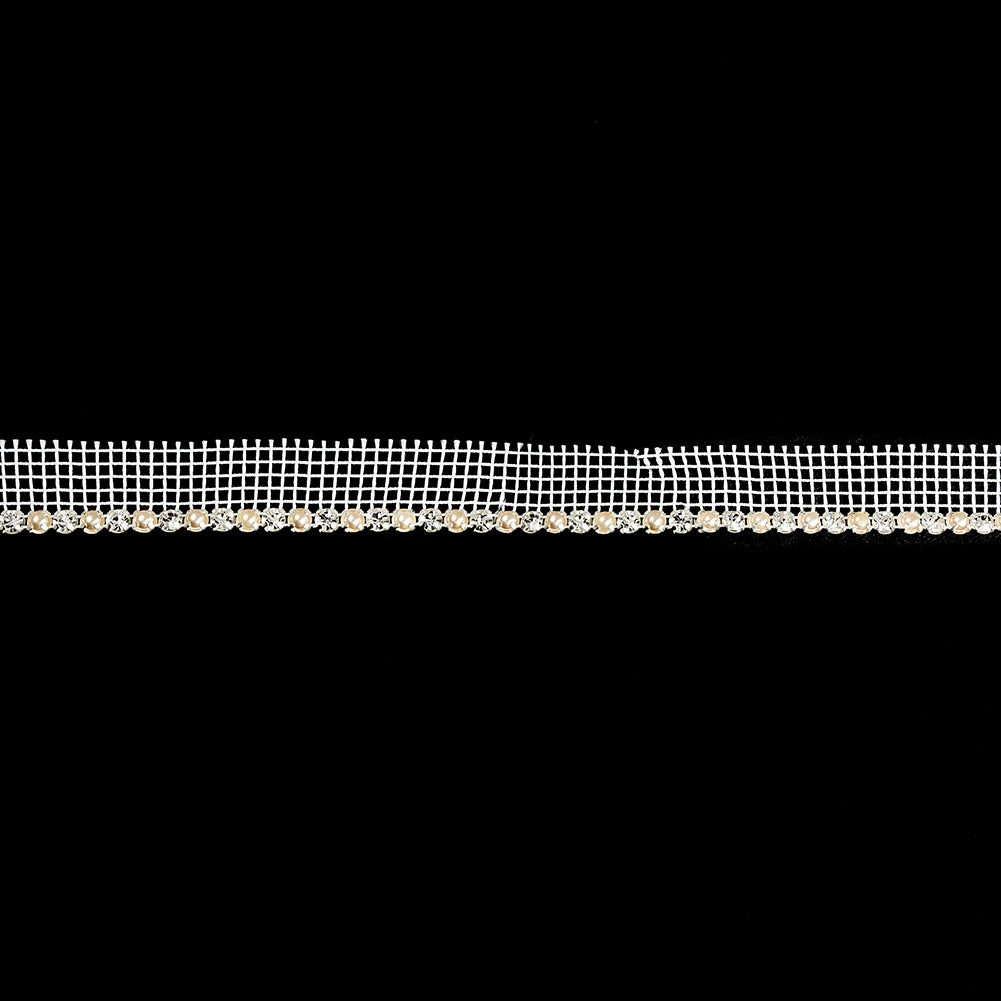 Vintage Crystal, Silver and Faux Pearl 1 Row Circular Rhinestones on White Mesh Trimming - 0.75
