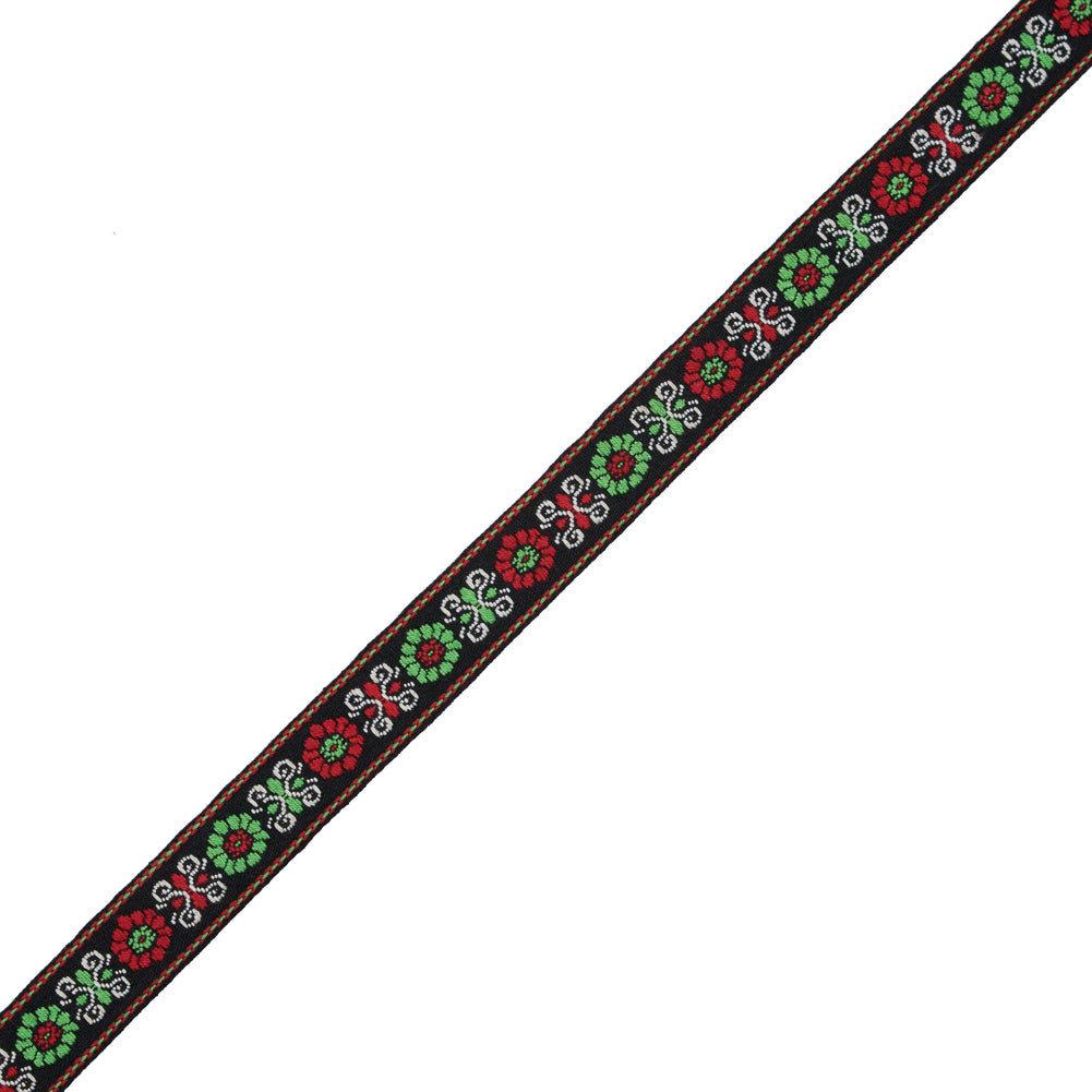 Red and Green Floral German Jacquard Ribbon - 0.75