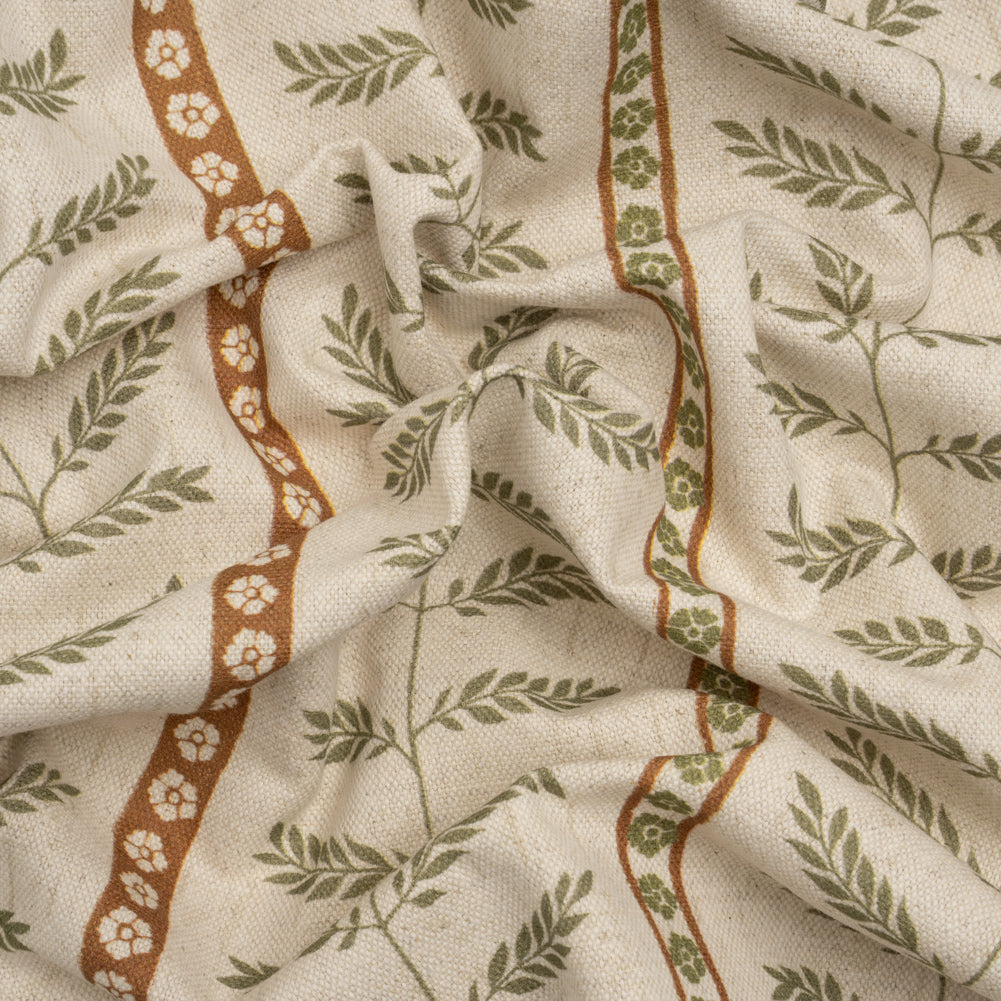Brushed Cotton and Linen Canvas - Spice Fern Leaves and Flower Stripes - British Imported - Joann Fabrics