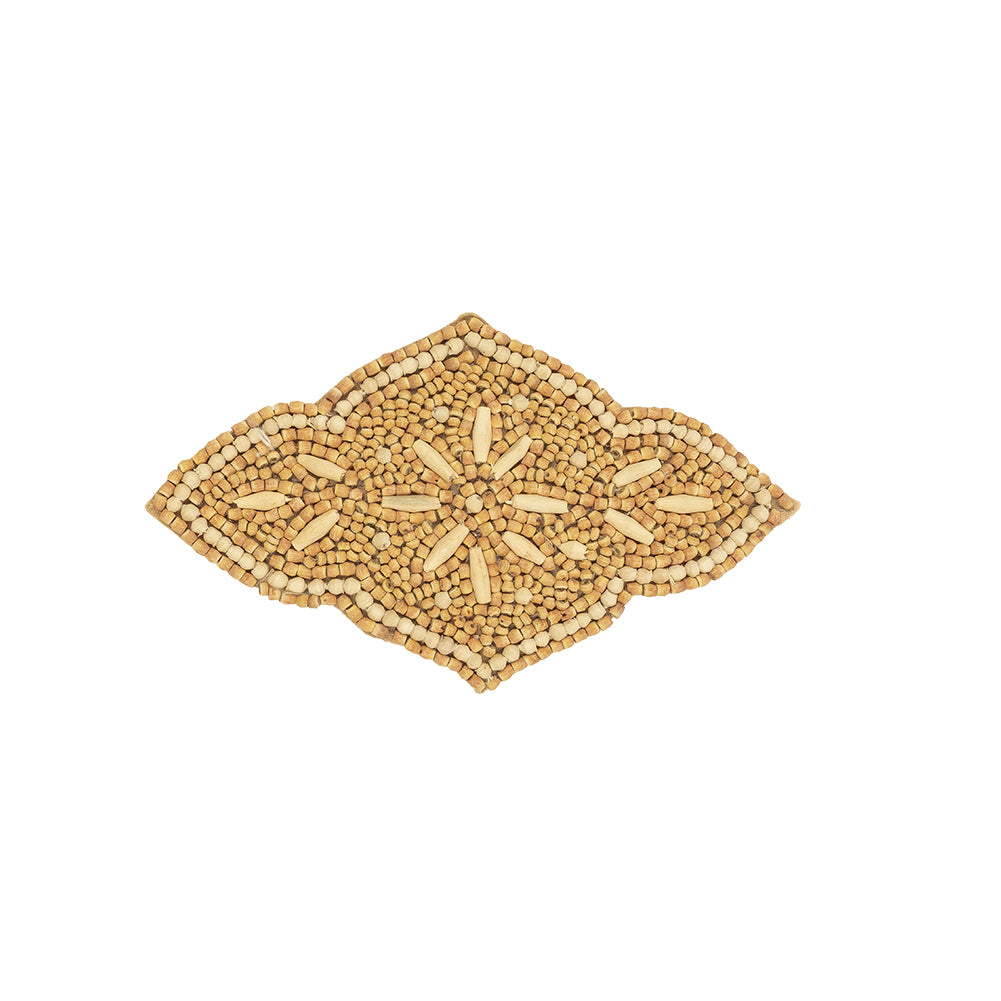 Vintage Tan and Natural Floral Sheild Wood Beaded Applique - 5.5