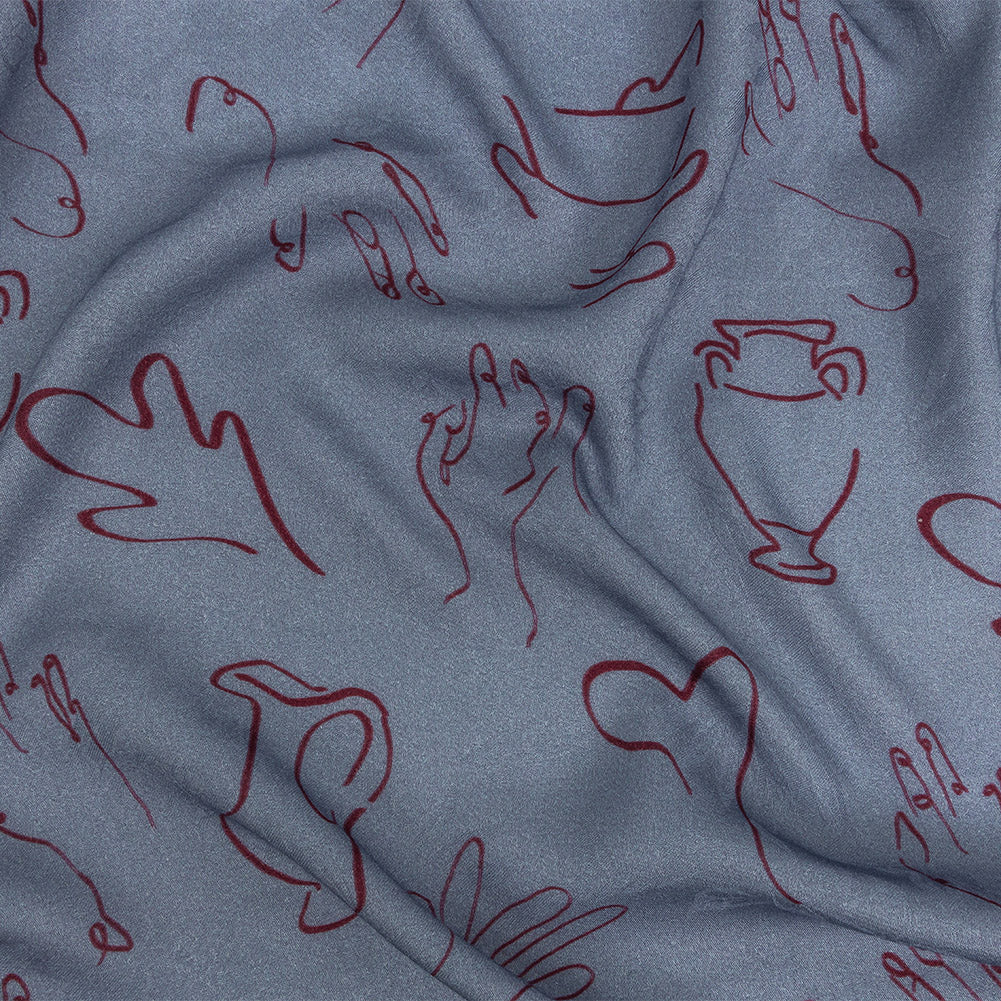 Leafy Viscose Jacquard Print - Blue and Wine Red Doodled Objects - Mood Exclusive Hand It Over - Joann Fabrics