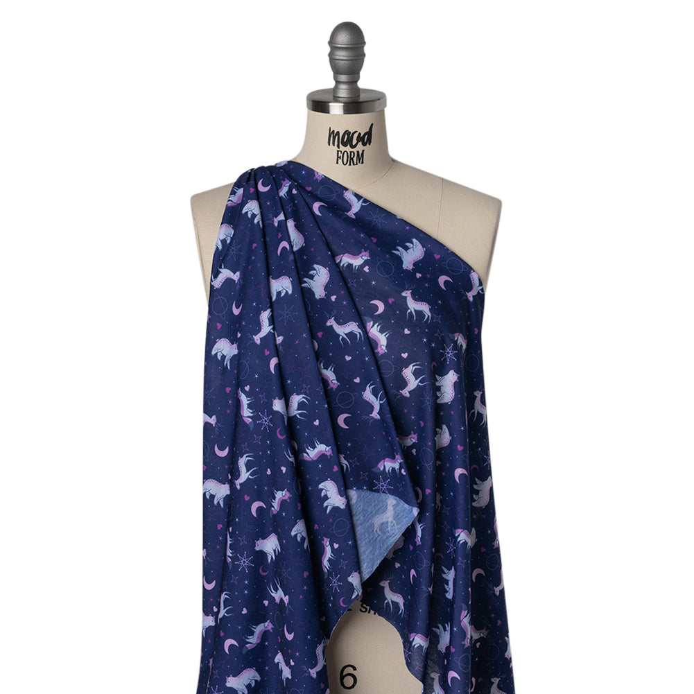 Recycled Polyester Jersey Print - Navy, Purple and White Celestial Animals - Deadstock - Joann Fabrics