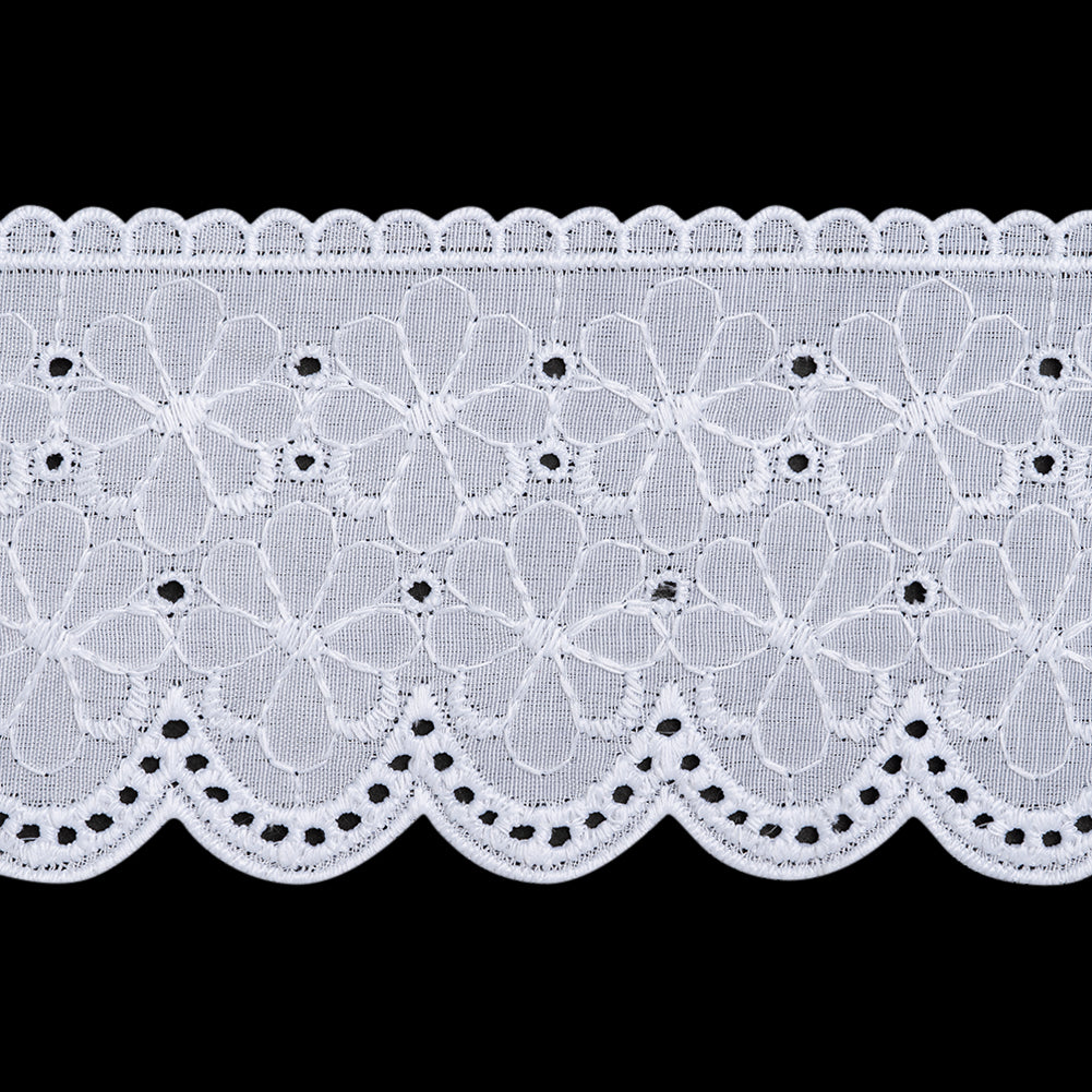 Cotton and Polyester Embroidered Eyelet Lace Trim with Scalloped Edges - 2.75