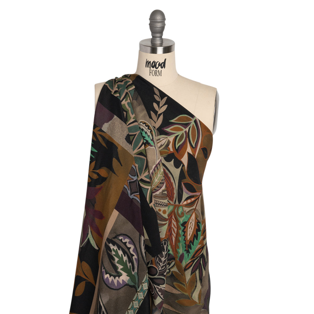 Sustainable Viscose Crepe Print - Brown and Green Leafy and Geometric Patchwork - Mood Exclusive Overgrown Life - Joann Fabrics