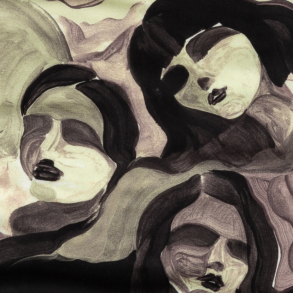 Rayon Challis - Purple and Green Painted Faces - Lost Lenore Print - Mood Exclusive Twilight Collection - Joann Fabrics