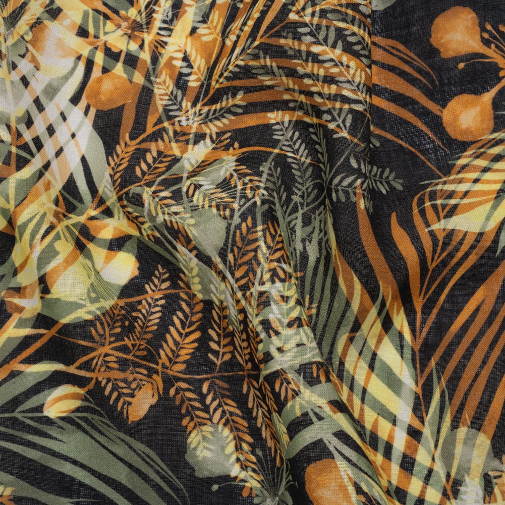 Medium Weight Linen Woven Print - Sage Green, Amber and Black Elegant Palm Silhouettes - Joann Fabrics