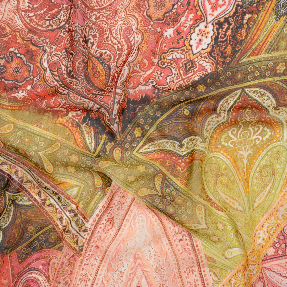 Polyester Chiffon - Yellow and Coral Rose Ornate Paisley Patchwork - Designer Deadstock - Joann Fabrics