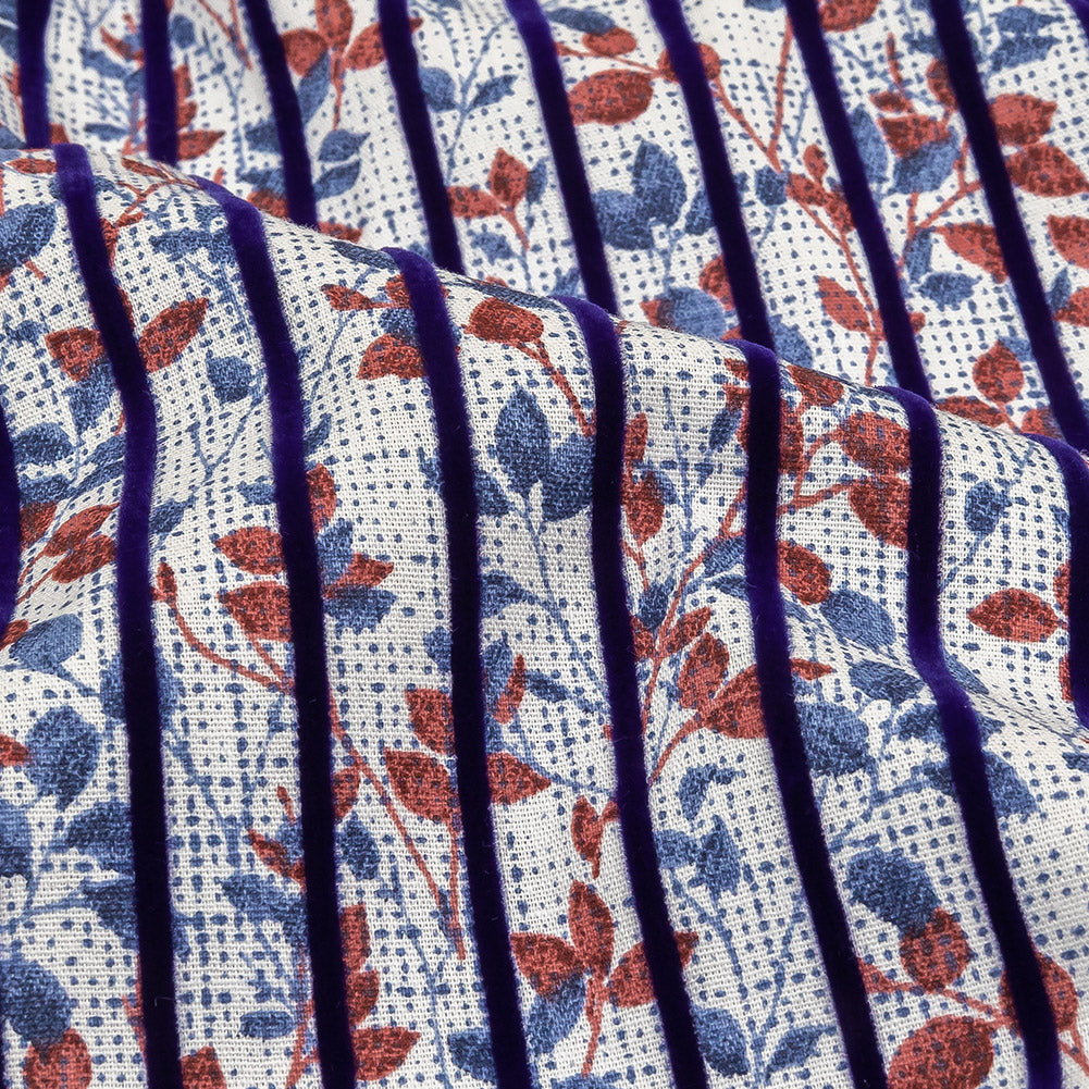 Navy Flocked Stripes on Red, Blue and White Leafy Cotton Shirting with Give - Joann Fabrics