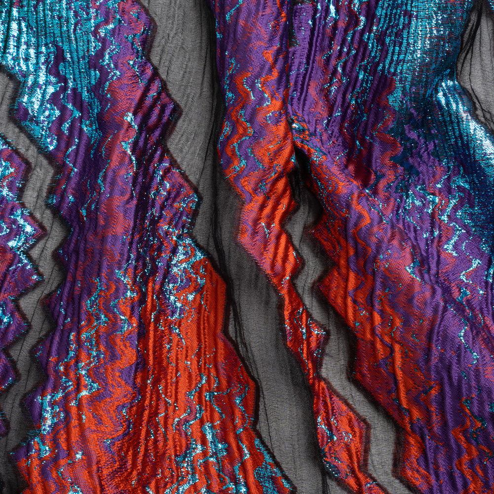 Metallic Turquoise, Brick and Purple Drifting Rifts Crinkled Luxury Burnout Brocade - Joann Fabrics
