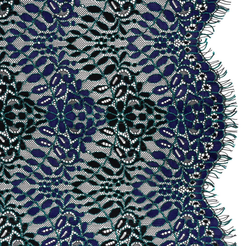 Corded Lace Panel with Finished Edges - Black, Blue and Teal Flowers and Leafy Vines - Joann Fabrics