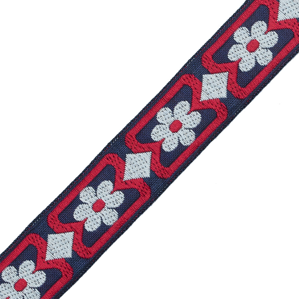 Red, White and Blue Floral German Jacquard Ribbon - 1
